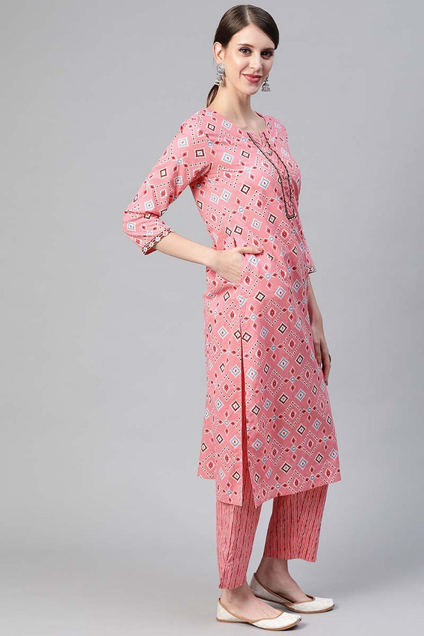  Women Cotton Pink Geometric Printed Straight Kurta Pant Dupatta Set 