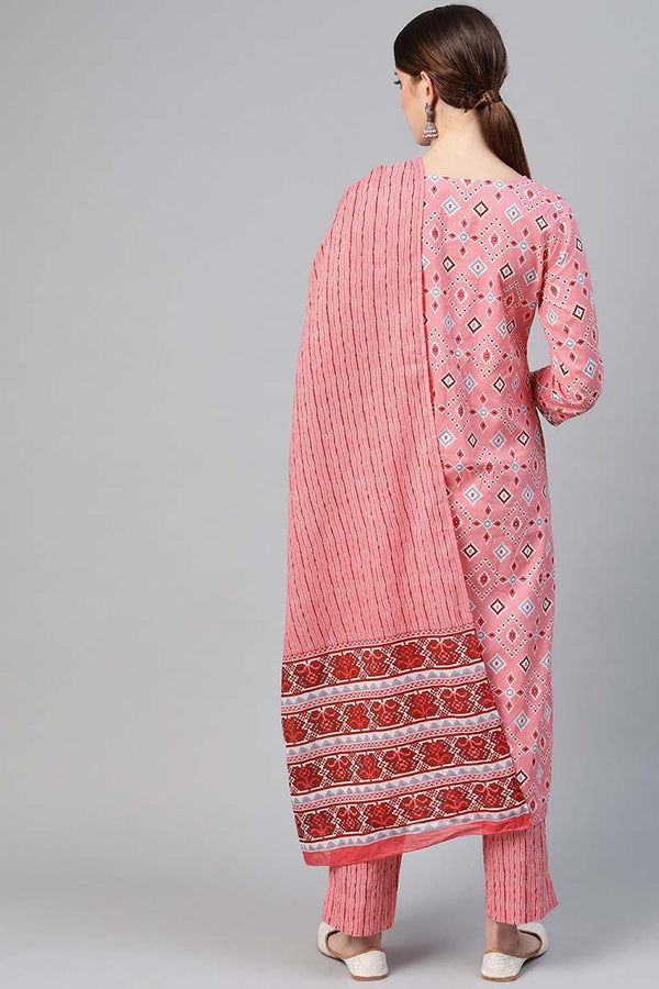  Women Cotton Pink Geometric Printed Straight Kurta Pant Dupatta Set 