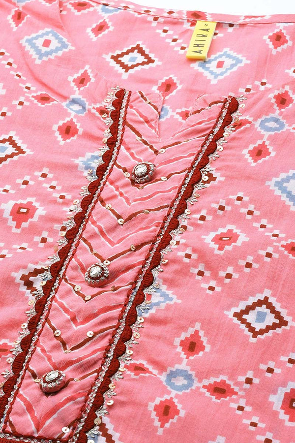  Women Cotton Pink Geometric Printed Straight Kurta Pant Dupatta Set 