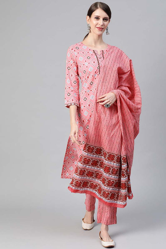  Women Cotton Pink Geometric Printed Straight Kurta Pant Dupatta Set 