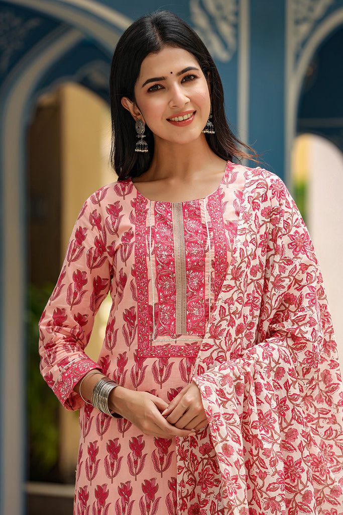  Women Cotton Pink Floral Printed Straight Kurta Pant Dupatta Set 