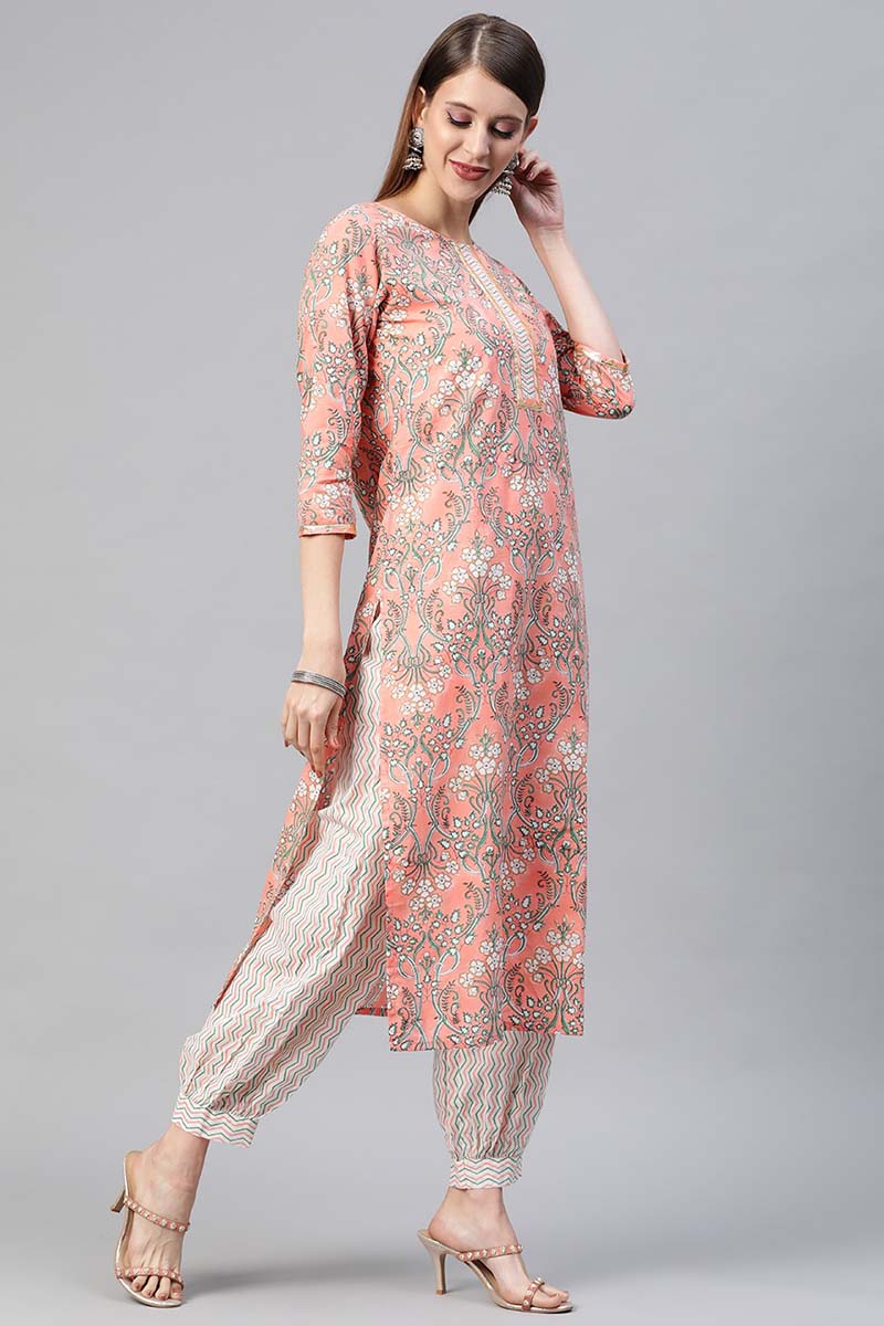  Women Cotton Peach Ethnic Motifs Printed Straight Kurta Pant Dupatta Set 