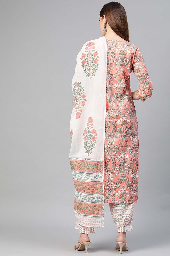  Women Cotton Peach Ethnic Motifs Printed Straight Kurta Pant Dupatta Set 