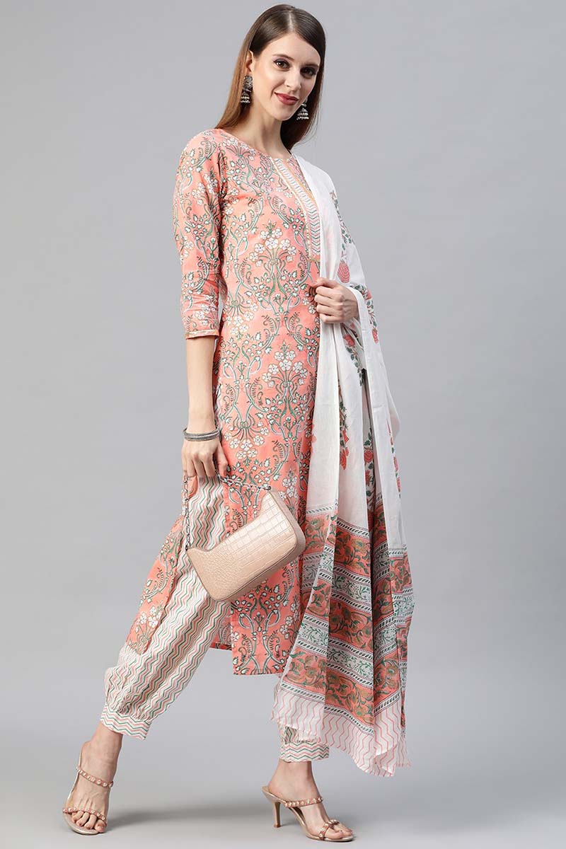  Women Cotton Peach Ethnic Motifs Printed Straight Kurta Pant Dupatta Set 