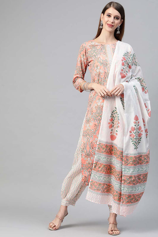  Women Cotton Peach Ethnic Motifs Printed Straight Kurta Pant Dupatta Set 