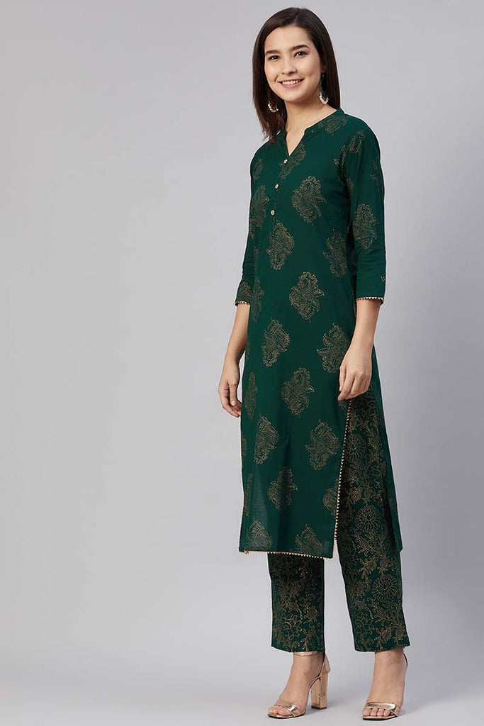  Women Cotton Green Ethnic Motifs Printed Straight Kurta Pant Dupatta Set 