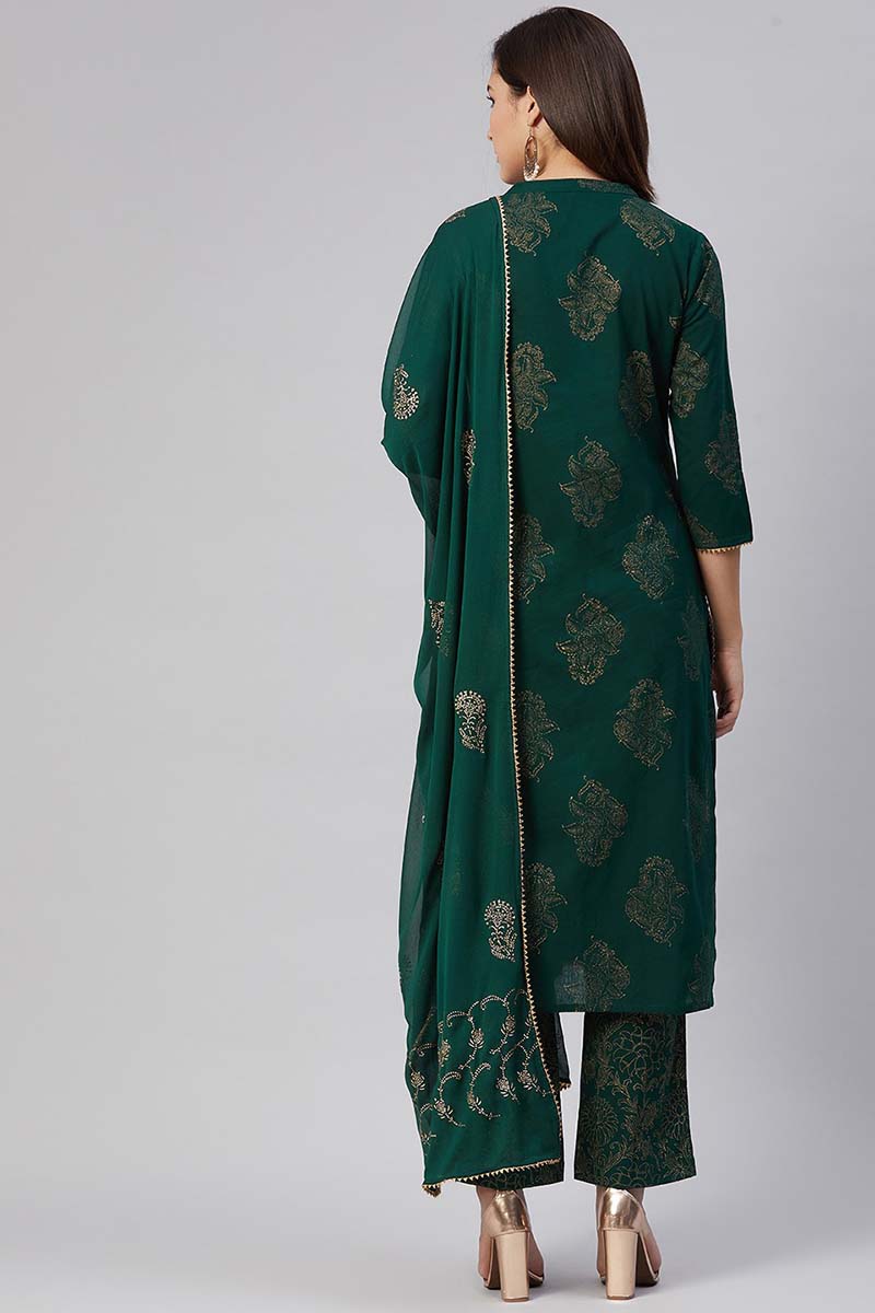  Women Cotton Green Ethnic Motifs Printed Straight Kurta Pant Dupatta Set 