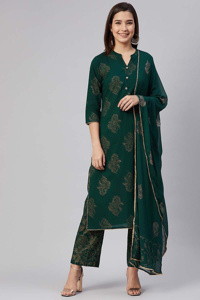  Women Cotton Green Ethnic Motifs Printed Straight Kurta Pant Dupatta Set 