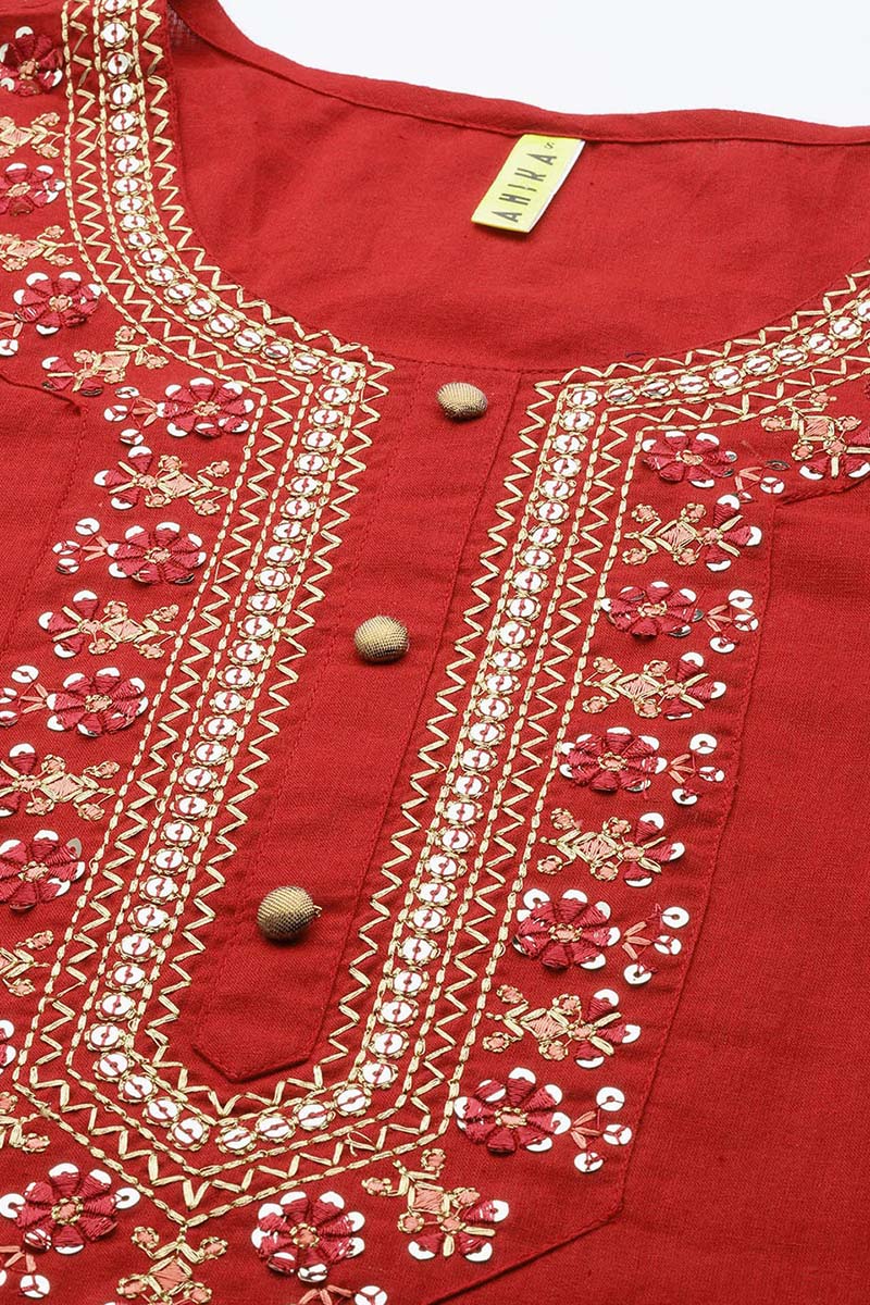  Women Cotton Maroon Embroidered Work Straight Kurta Pant Dupatta Set