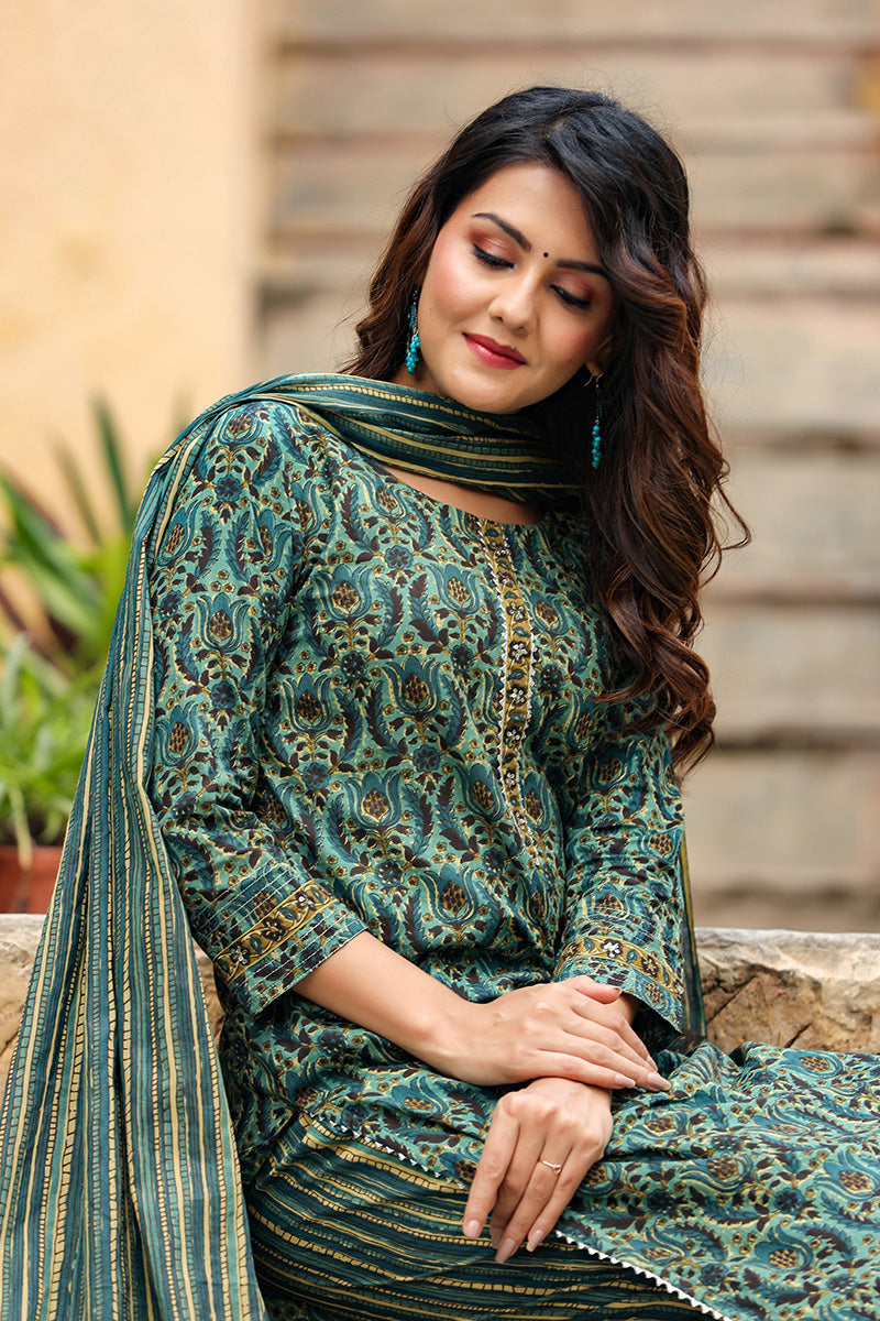  Women Cotton Green Ethnic Motifs Printed Straight Kurta Pant Dupatta Set 