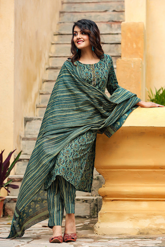  Women Cotton Green Ethnic Motifs Printed Straight Kurta Pant Dupatta Set 