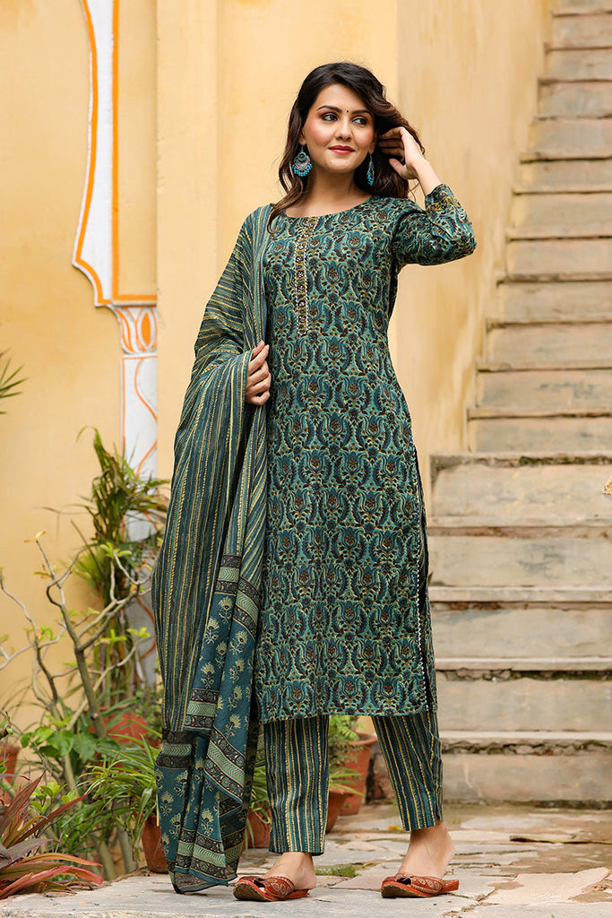  Women Cotton Green Ethnic Motifs Printed Straight Kurta Pant Dupatta Set 