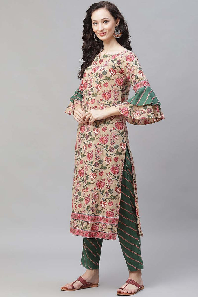  Women Beige Floral Printed Regular Pure Cotton Kurta with Palazzos With Dupatta 