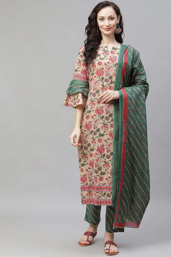  Women Beige Floral Printed Regular Pure Cotton Kurta with Palazzos With Dupatta 