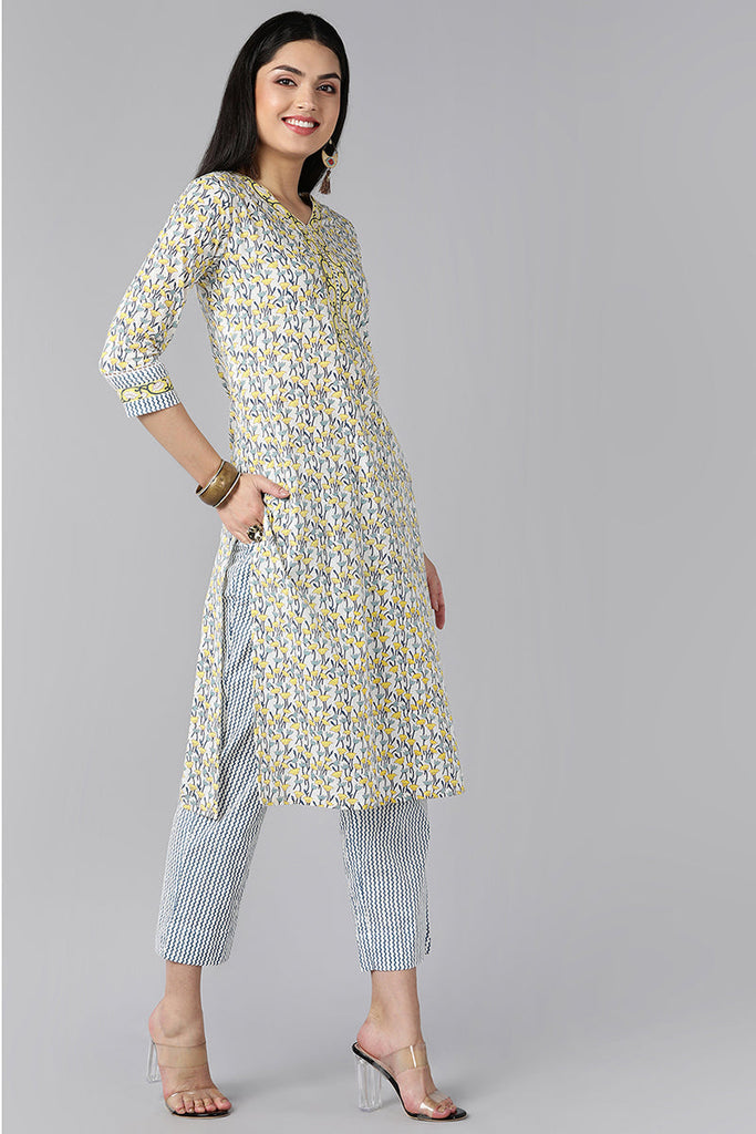  Women White Navy Blue Ethnic Printed Pure Cotton Kurta with Trousers Dupatta