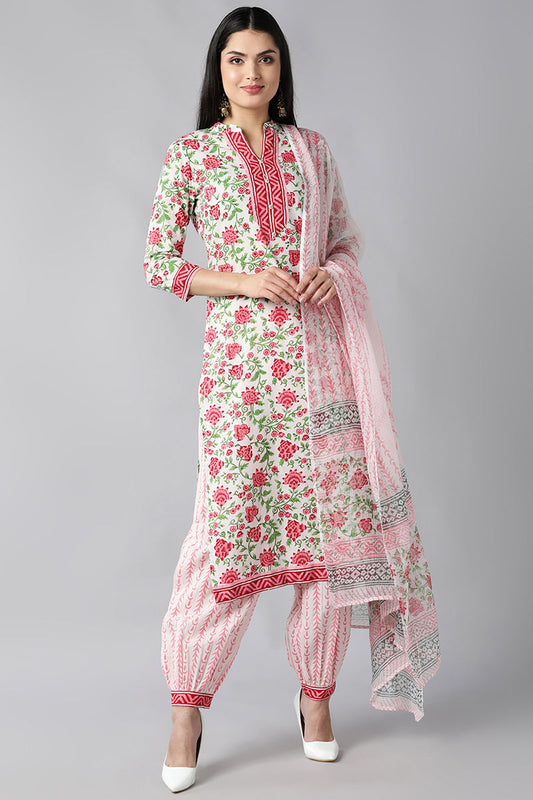  Women White Pink Ethnic Printed Pure Cotton Kurta with Salwar With Dupatta