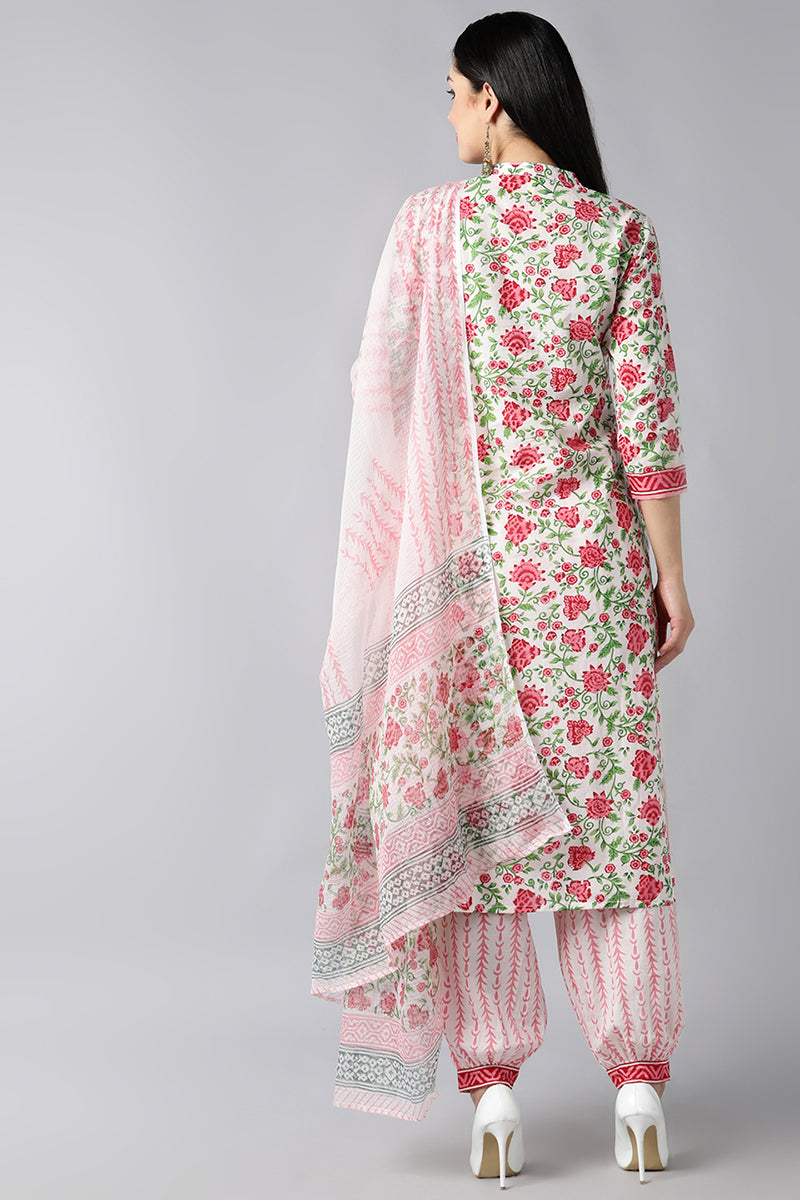  Women White Pink Ethnic Printed Pure Cotton Kurta with Salwar With Dupatta