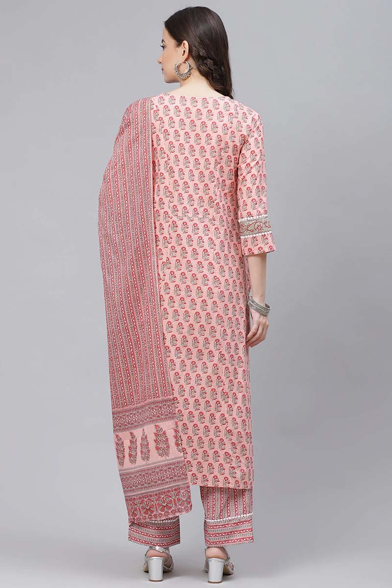  Women Peach-Coloured Green Printed Cotton Kurta with Trousers Dupatta