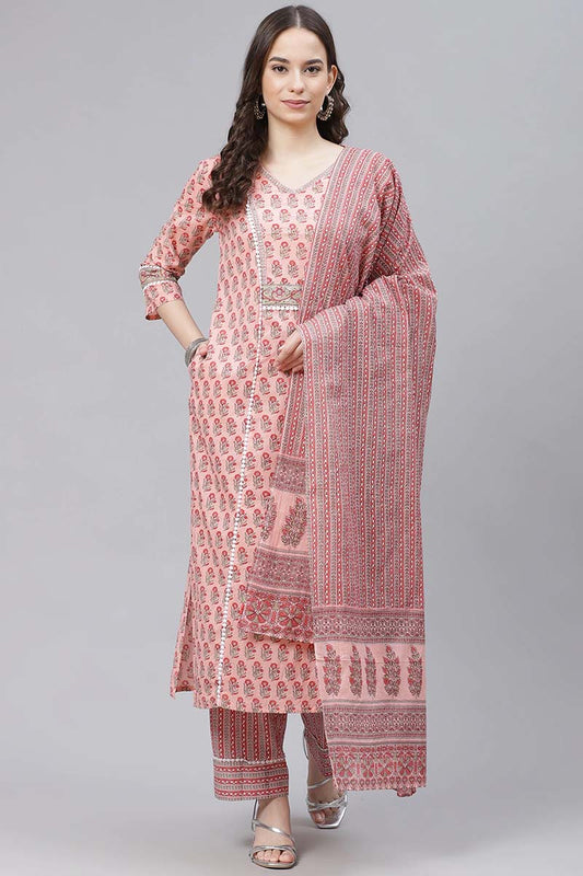  Women Peach-Coloured Green Printed Cotton Kurta with Trousers Dupatta