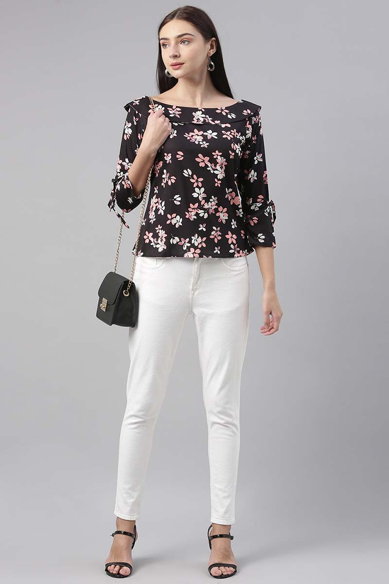   Women Polygeorgette Black Floral Printed Top