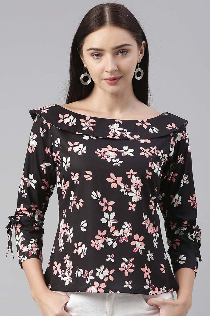   Women Polygeorgette Black Floral Printed Top