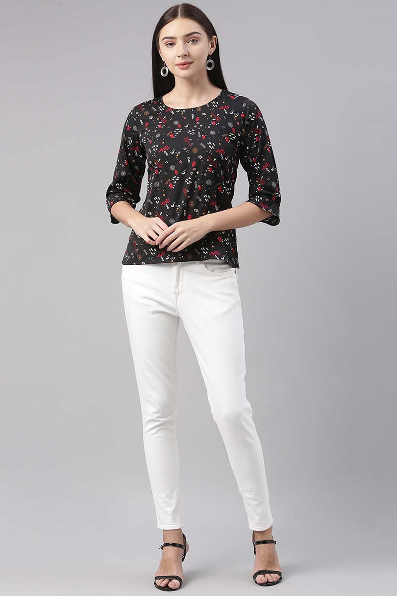   Women Polycrepe Black Conversational Printed Top